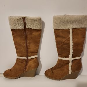 UGG Aubrie Suede Wedge Shearling Knee Boots in Chestnut (Brown)